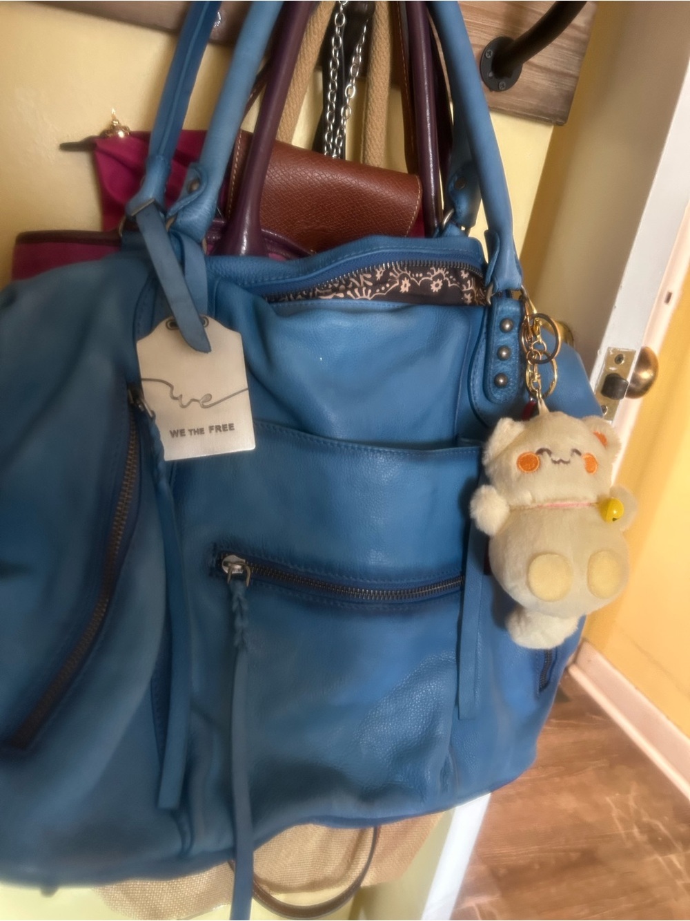 We The Free Sky Blue Leather Shoulder Bag with Plush Charm